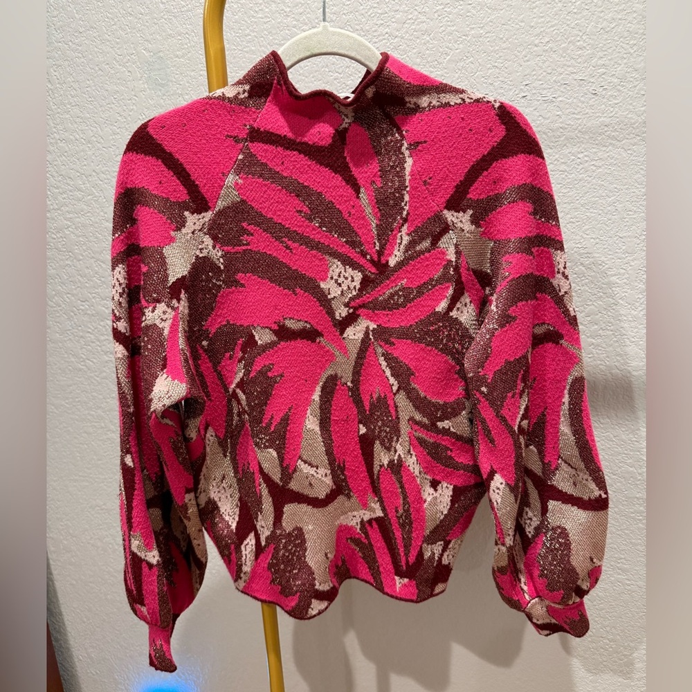 Anthropologie Pink and Brown Floral Sweater